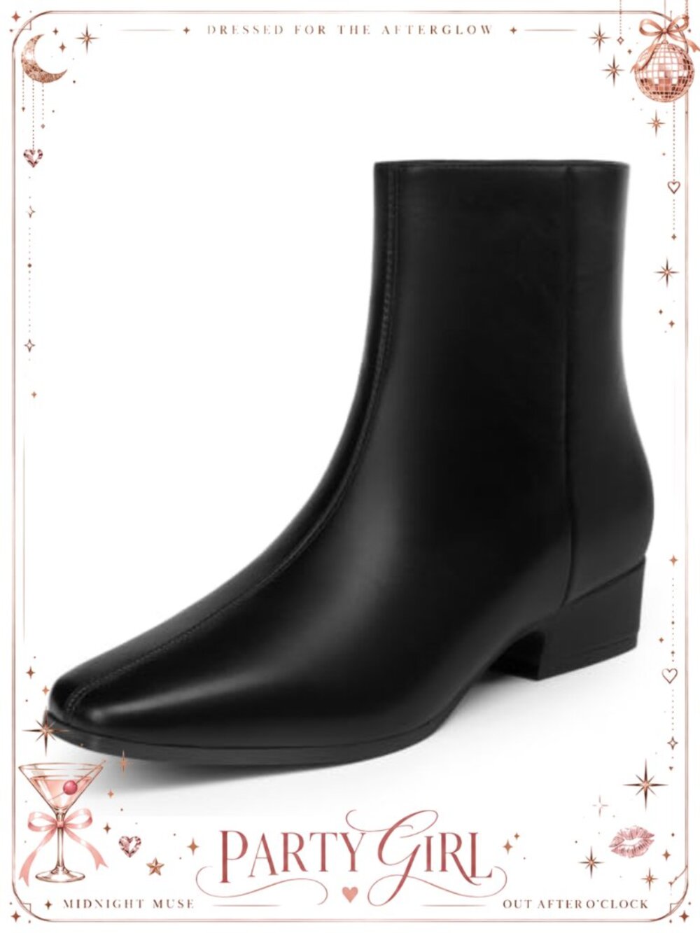 Faux Leather Square Toe Ankle Boots Chunky Low Heel Side Zipper Womens